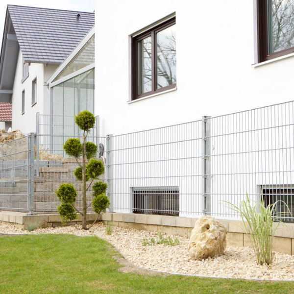 Kiesfläche mit Formgehölz und Gräsern