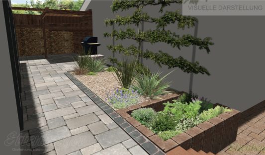 Spalierobst, Kiesfläche und kleines Kräuterbeet