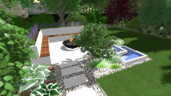 Sitzgelegenheit mit Feuerstelle und Wasserelement